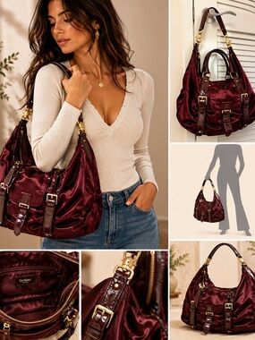 Botkier Sasha Medium Duffel Hobo Burgandy Wine Patent Leather/Satin Fully Lined